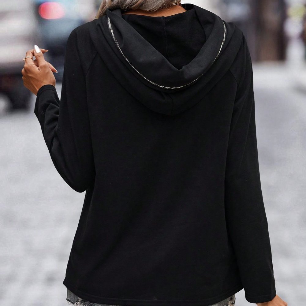 Black Casual Womens Zip Detail Raglan Sleeve Hoodie - Picture 2 of 6